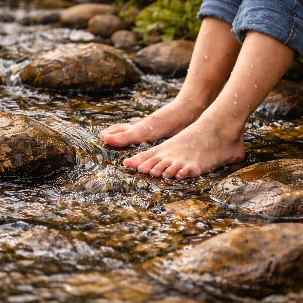 barfuße füße im klaren bach