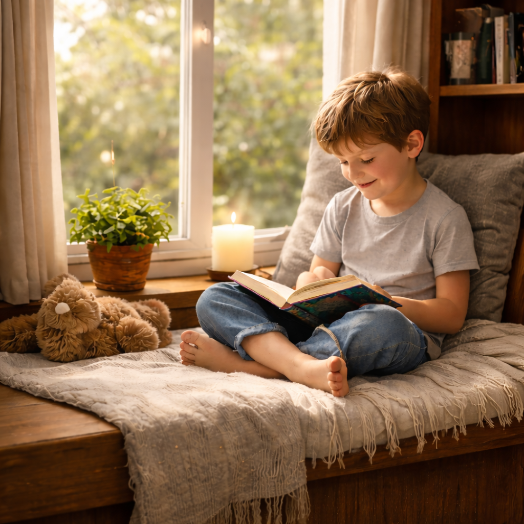 junge liest auf fensterbank im sonnenlicht (1)
