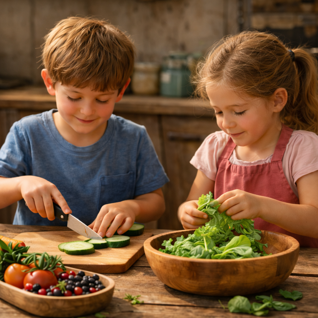 kinder bereiten frische gemüsesorten zu