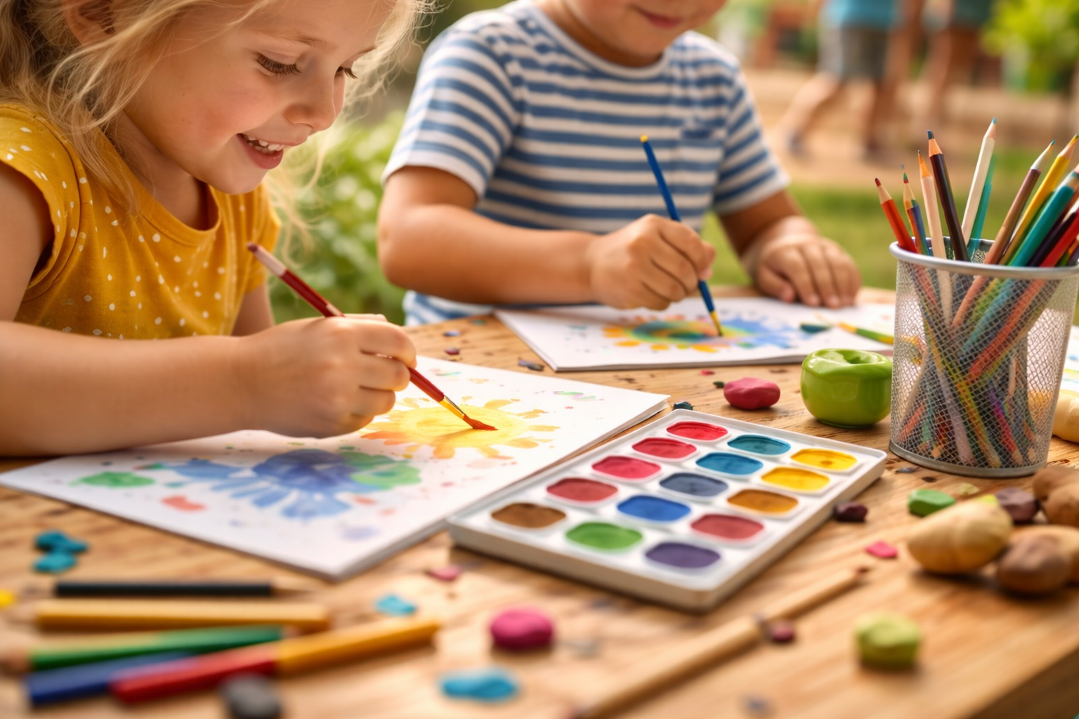 kreative kinder beim malen mit aquarellfarben