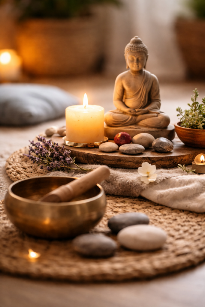 meditative atmosph&auml;re mit buddha und kerze