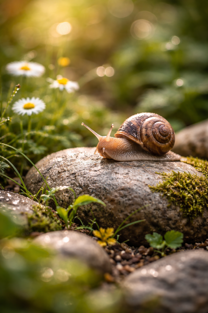 schnecke auf stein, im morgentau